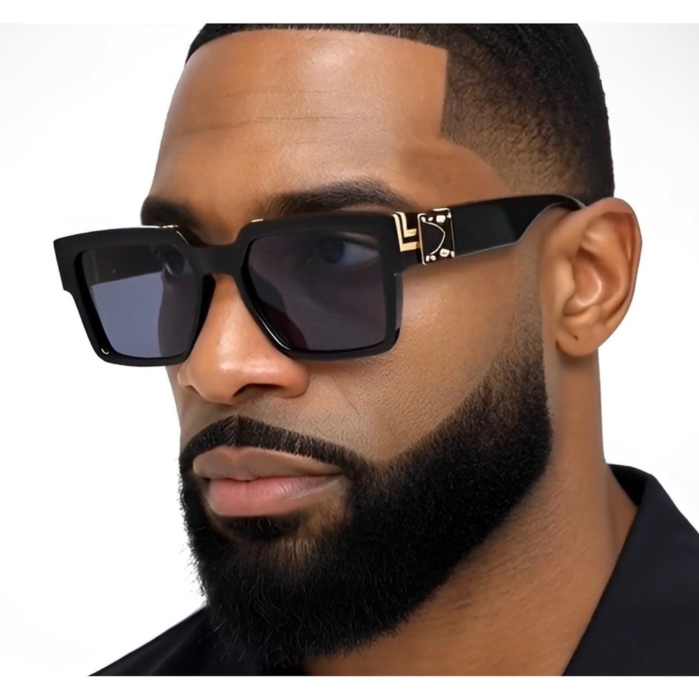 Mens Black Square Sunglasses Gold Hip Hop Bold Frame Dark Lens Streetwear Luxury